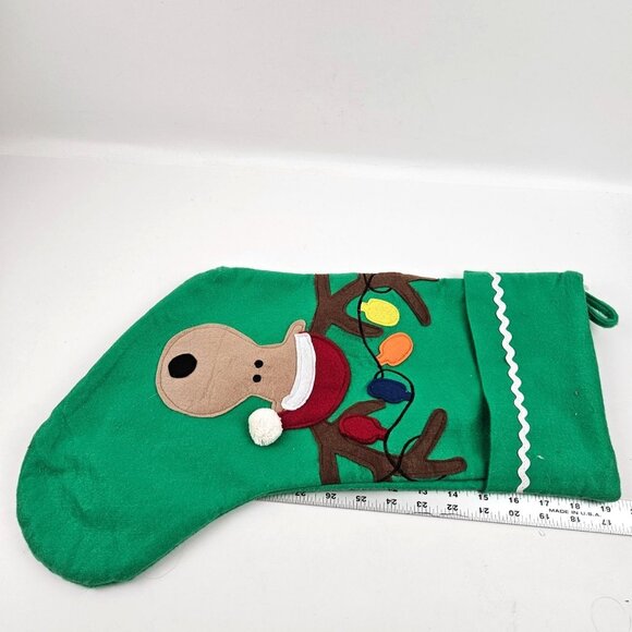Green Felt Christmas Stocking Reindeer Festive Lights Vintage Holiday 19 in - Picture 7 of 8